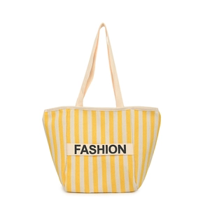 Striped canvas tote bag for kids with FASHION lettering and white handles
