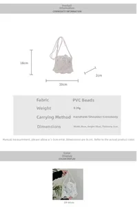 Détails et dimensions du sac seau en perles crème avec pochette intérieure à cordon