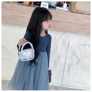 Detail of silver sequined heart child purse paired with a blue tulle dress