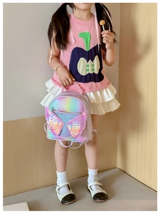 Detail view of pink laser backpack with 3D wings and elegant pearl handle for girls