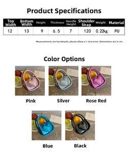Size chart showing heart-shaped sequin bag dimensions with chain strap details