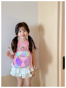 Pink toddler backpack featuring sequin wings and a decorative pearl handle detail