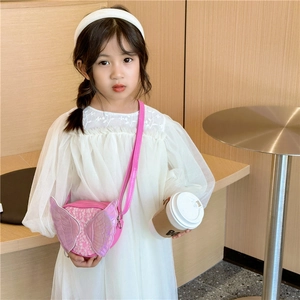 Cute butterfly-shaped kids crossbody bag with shiny pink sequins and 3D colorful wings