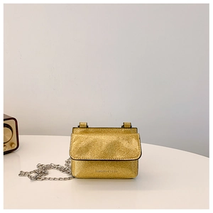 Detail of glittery gold mini chain bag with silver strap and embossed fashion text