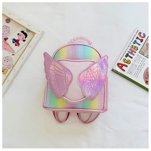 Close-up of glitter schoolbag with rainbow sequins, pearl handle and holographic wings