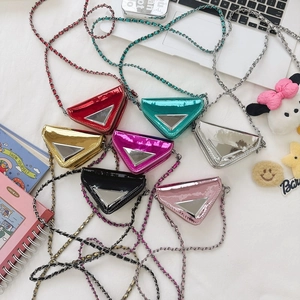 Kids Mini Crossbody Bag Metallic PU Leather Triangle Shape Fashion Chain Shoulder Purse For Girls Cute