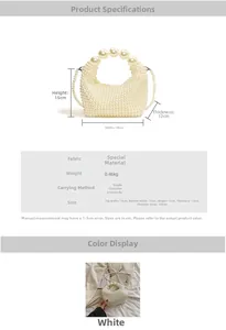 Detailed size parameters of white handmade pearl beaded crossbody bag showing 18x15x12cm