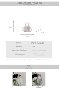 Detailed size chart for pearl woven mini bag showing 15x12x3cm dimensions and PVC beads