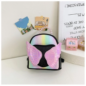 Rainbow glitter kids backpack detail with pink wings and faux pearl handle accent