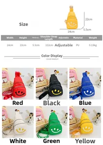 Detailed size chart and color options for kids smiley face mini crossbody chest bag