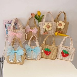 Kids Straw Woven Crossbody Bag Cute Strawberry Flower Mesh Bow Decor Mini Shoulder Handbag For Little Girls Vacation
