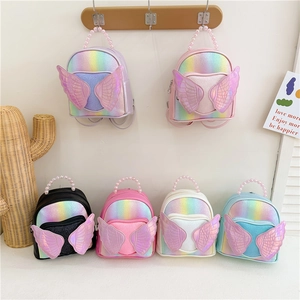 Rainbow Sequin Angel Wings Kids Backpack For Girls With Artificial Pearl Handle Cute PU Leather School Bag Toddler Kindergarten