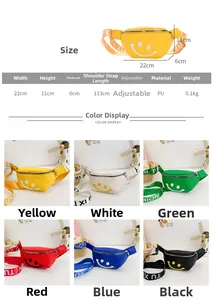 Size chart showing 22x11x6cm dimensions and adjustable straps for kids fanny pack