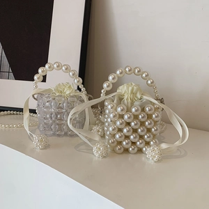 Girls Mini Artificial Pearl Beaded Handbag Kids Woven Acrylic Shoulder Crossbody Bag With Satin Drawstring Lining Elegant Fashion