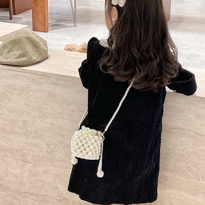 Kids handmade pearl crossbody bag with yellow lace detail and long pearl chain strap