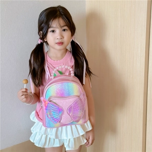 Pink glitter kids backpack with iridescent wings and pearl handle for girls