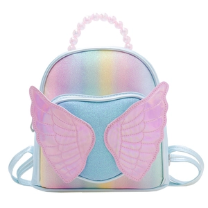 Sparkly gradient cartoon kids backpack with angel wings and pink pearl top handle