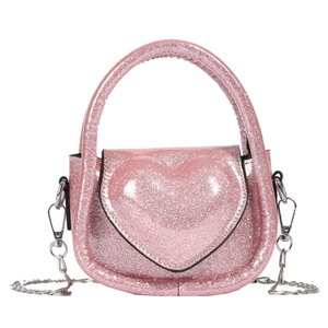 Pink sequin heart-shaped kids crossbody bag with silver chain strap and top handle