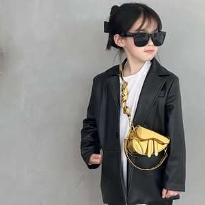Chic metallic gold kids' saddle crossbody bag with laser mirror finish for girls