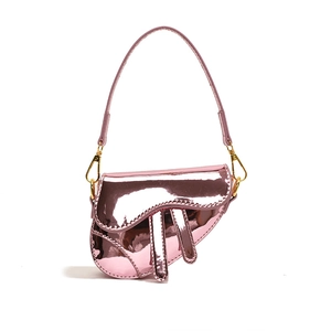 Chic pink laser metallic leather saddle shoulder bag for girls with gold hardware detail
