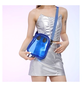 Detail of blue transparent jelly crossbody bag featuring funny eye-shaped leather patches