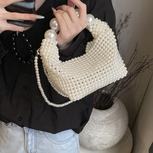 French vintage handmade pearl woven handbag with elegant beaded strap and crossbody chain