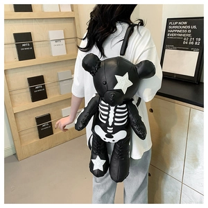 Detailed back view of a black bear-shaped PU leather backpack with skeleton graphics