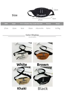 Size guide for nylon kid fanny pack showing 27x12x6cm dimensions and adjustable strap