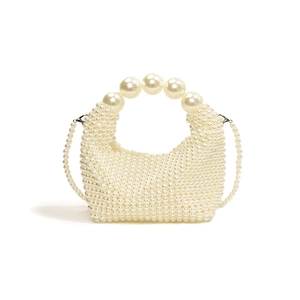 French vintage handmade pearl woven mini handbag with crossbody shoulder chain strap