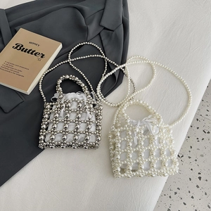Kids Beaded Crossbody Bag Hand Woven Hollow Out Handbag With Bowknot Satin Pouch For Girls Sweet Elegant Fashion