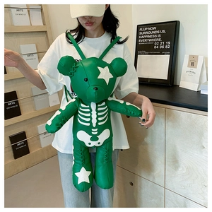 Detail of green teddy bear backpack with bone patterns and star patches in streetwear style