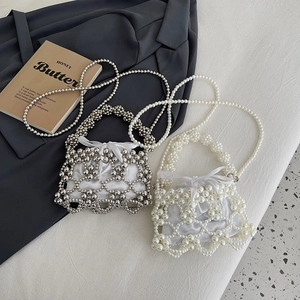 Kids Beaded Shoulder Bag Hollow Out Artificial Pearl Metal Beads Handheld Crossbody Purse With Inner Pouch For Toddler Girls