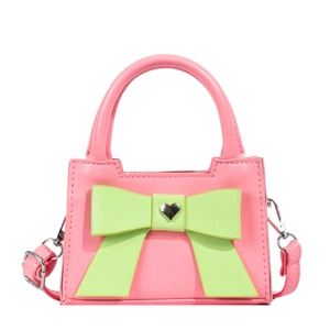 Sac bandoulière rose pour enfants avec nœud vert fluo et boucle en cœur argentée