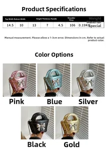 Detailed size chart and multi-color metallic mini handbags with bow and chain details