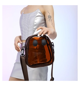Detailed view of amber transparent crossbody bag with ghost face leather patches