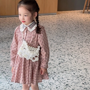 Pink cherry print long sleeve dress for girls with white collar and pearl crossbody bag