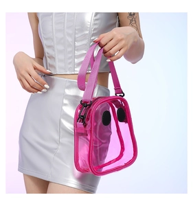 Close-up of pink transparent PVC kids crossbody bag with adjustable strap and cute eye decor