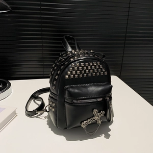 Punk Mini Backpack PU Leather Studded Rivets Cross Pendant Chain Gothic Rock Streetwear Fashion Bag For Women