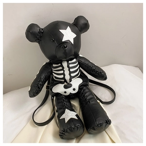 Detail view of gothic bear backpack with skeleton patches and punk style stitching