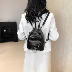 Fashionable black PU leather mini backpack with silver punk rivets and cross pendant