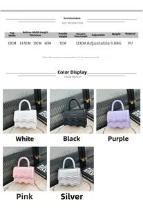 Detailed size chart and multi-color options for children's PU leather mini crossbody bag