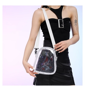 Detailed view of kids transparent PVC crossbody bag with white leather trim and strap