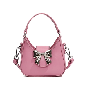 Sac à main rose semi-circulaire avec nœud argenté et bandoulière amovible pour filles