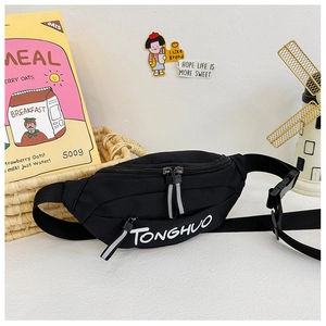 Detail of black canvas waist bag with white TONGHUO text and dual zipper pockets