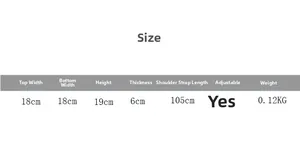 Detailed size chart for kids crossbody bag showing 18x19x6cm dimensions and 105cm strap