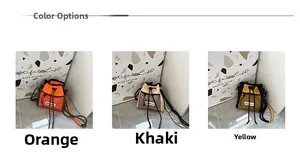 Detailed view of drawstring bucket bags for boys in orange, khaki and yellow nylon fabric