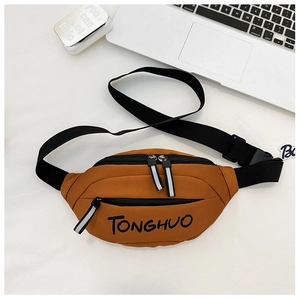Close-up of brown nylon kids waist bag with TONGHUO lettering and reflective zipper pull