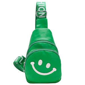 Green nylon mini chest bag for kids with white smiley face and fashion strap