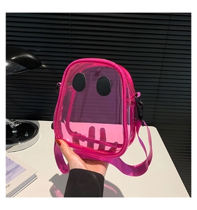 Pink transparent PVC mini crossbody bag with cute quirky face detail and adjustable strap