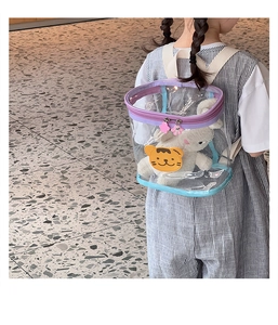 Vue latérale du sac à dos transparent pour enfant avec tigre et fermeture éclair violette